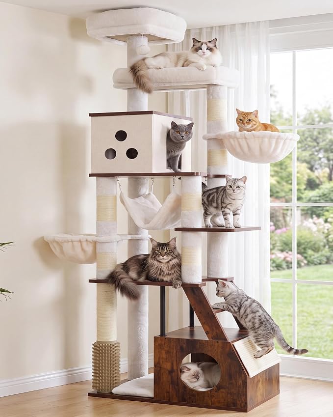 Heybly Wooden Cat Tree, 75" Cat Tower with Large Loft-Style Condo HCT123SR | Grooming Brush Cat Furniture with Side Scratch Area, Climb Stairs, Hammock, 2 Baskets, Dual Perches, Easy Clean, Rustic Brown by HEYBLY