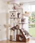 Heybly Wooden Cat Tree, 75" Cat Tower with Large Loft-Style Condo HCT123SR | Grooming Brush Cat Furniture with Side Scratch Area, Climb Stairs, Hammock, 2 Baskets, Dual Perches, Easy Clean, Rustic Brown by HEYBLY