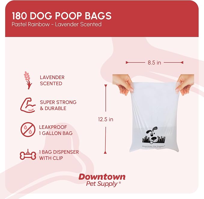 Downtown Pet Supply Scented Poop Bags for Dogs with Dispenser, 180 Count - Leak-Proof Dog Waste Bags and Bone-Shaped Dog Poop Bags Holder for Leash - Lavender Scented, 12.5" x 8.5" - Image 2