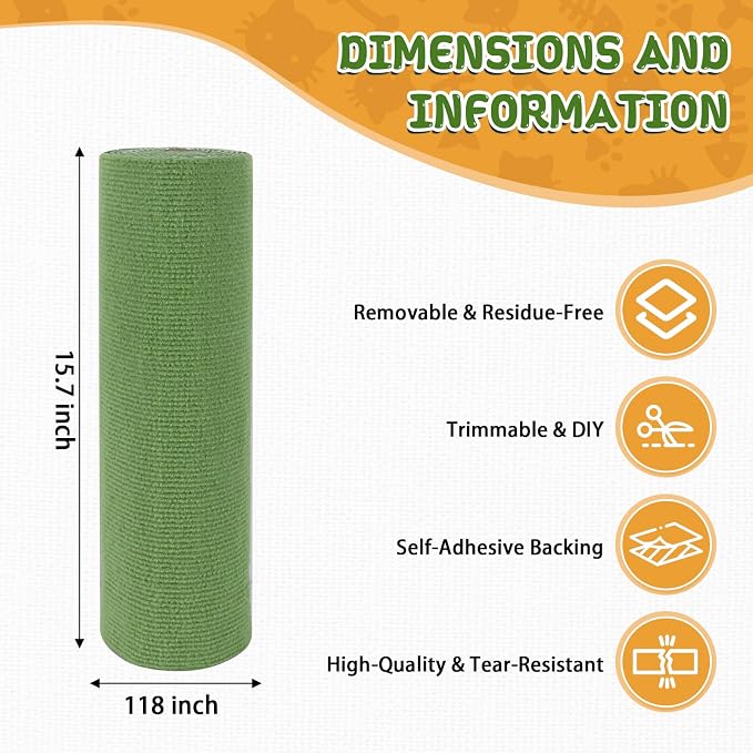 LSGCQ Cat Scratch Mat Self Adhesive Cat Scratch Furniture Protector | Self Adhesive Cat Scratching Mat Replacement for Cat Tree Post Couch Wall Furniture Protector (118" x 15.8", Green) - Image 2