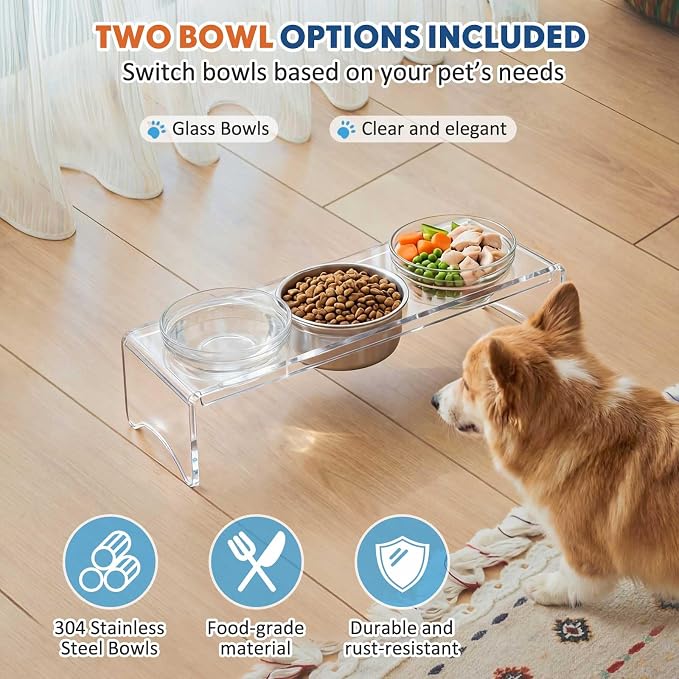 Elevated Acrylic Dogs Bowl Stand, 3.75" Tall Raised Cat & Dog Bowls with 3 Stainless & 3 Glass, Non-Slip, Easy to Clean, Raised Dog Bowls for Small Dogs, Cats, Pets, Puppy - Image 5