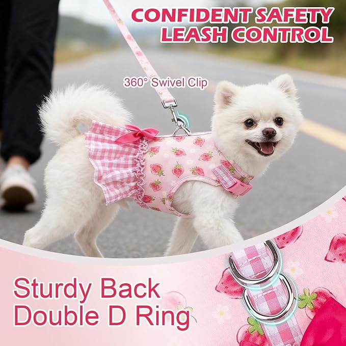 EXPAWLORER Dog Harness Small Medium Sized Dogs, No Choke No Pull Mesh Vest | Strawberry Dog Dress Bowknot Harness & Leash Set Soft Cute Princess Puppy Outfits Clothes Costume for Girls Party Cat Pink XS - Image 3