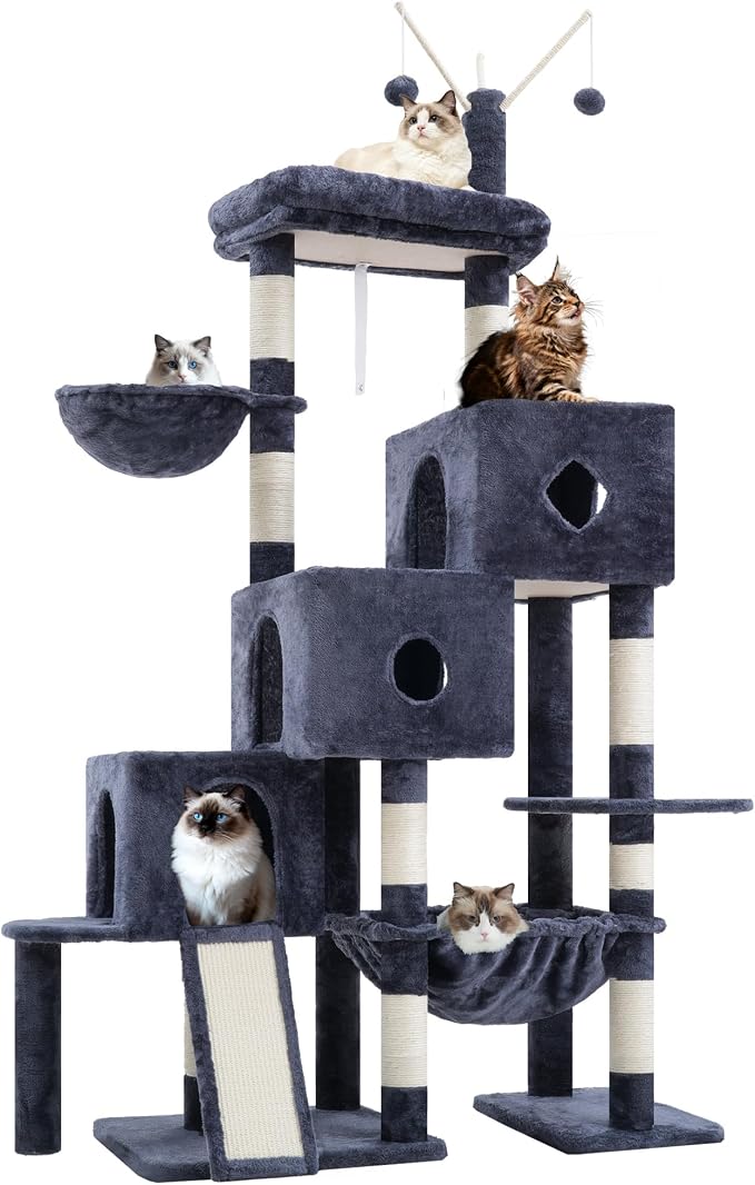 Hey-brother Cat Tree Tower with 3 Condos, Step Climbing Pathway MPJ081G | 74.8 Inches Scratching Post with 3 House, Hammock, Large Basket, Cozy Bed, Sisal Board, Toys for Big Indoor Cats, Smoky Gray - Image 9