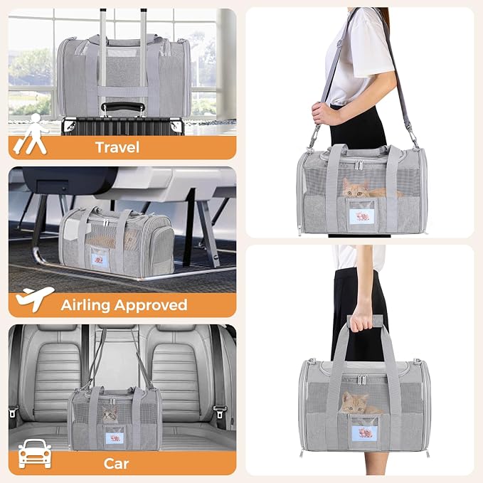 Large Soft Cat Carrier with Detachable Food Bowl,Pet Bag (Up to 28 lbs) | Puppy Kennel with Lockable Zippers for Small Dog, Kitten,Medium Travel Carrying Case for Car Airline Transport,Grey - Image 6