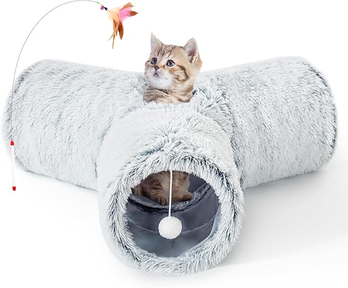 Tempcore Plush Cat Tunnel for Indoor Cats, 3 Way Collapsible Pet Play Tunnel with Teaser Wand, Peek Holes & Hanging Ball, Interactive Tube for Kittens & Rabbits, Light Grey by Tempcore