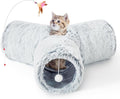 Tempcore Plush Cat Tunnel for Indoor Cats, 3 Way Collapsible Pet Play Tunnel with Teaser Wand, Peek Holes & Hanging Ball, Interactive Tube for Kittens & Rabbits, Light Grey by Tempcore