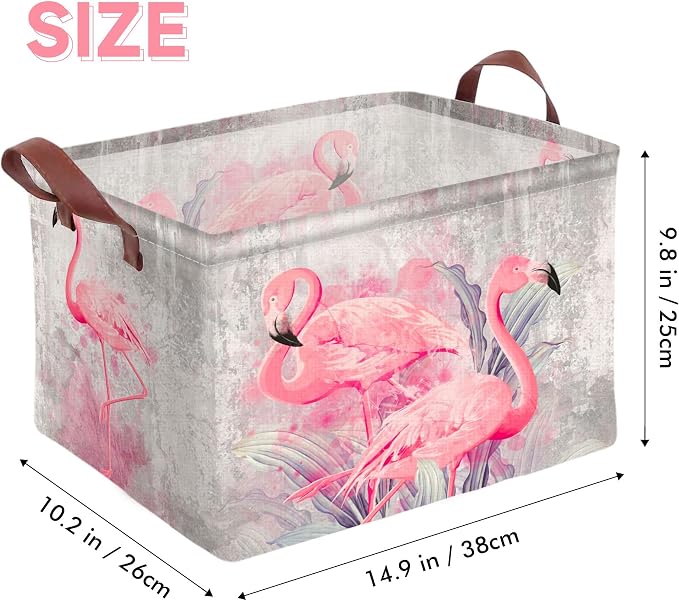 Flamingo Storage Basket Waterproof Canvas Toy Storage Bin Home Flamingo Decor Collapsible Outdoor Basket with Leather Handles Flamingos Gifts Blanket Baskets For Closets,Bedrooms,Bathroom - Image 2