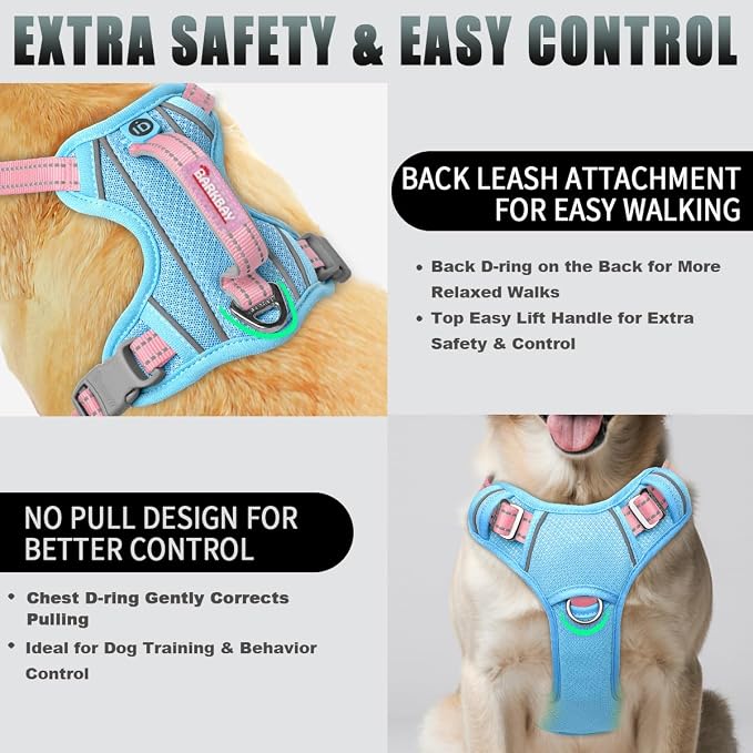 BARKBAY No Pull Dog Harness Large Reflective Dog Harness with Front Clip and Easy Control Handle for Walking Training Running with ID tag Pocket(Baby Blue & Baby Pink,M) - Image 3