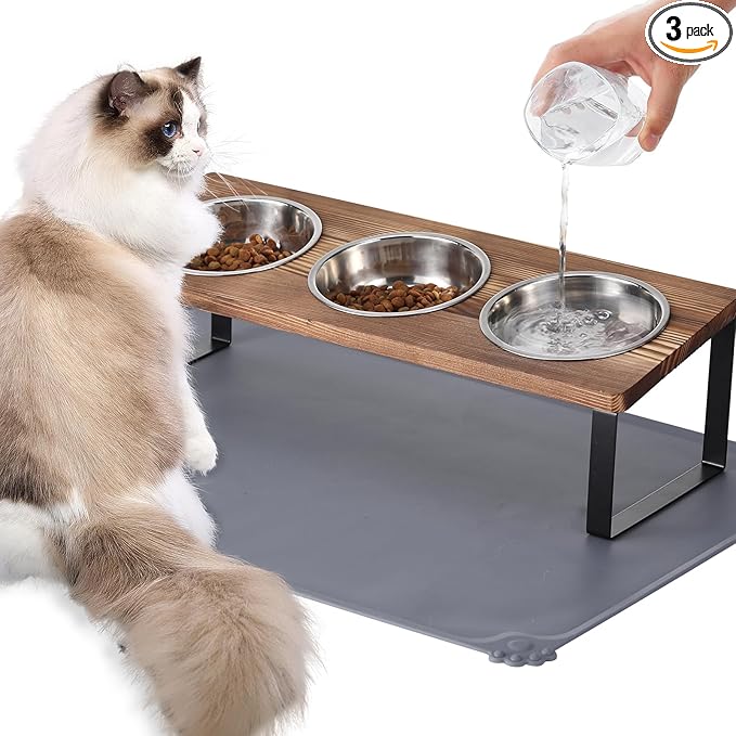 Summark Upgraded Elevated Cat Bowls with Food Mat,15°Tilted Stand Anti Vomiting Raised Cat Dishes for Food and Water,3 Stainless Steel Bowls for Cats and Puppy（Rustic Brown） by Summark