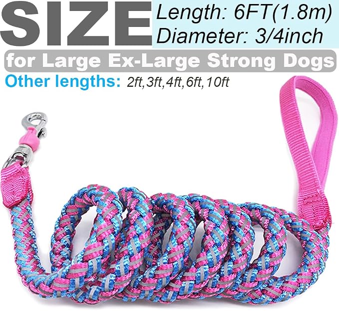 6ft Reflective Large Dog Leash 3/4" Strong Nylon Thick Rope Braided | Heavy Duty for Large Xlarge Dogs & Giant Dogs Walking Training Leads (Pink) - Image 7