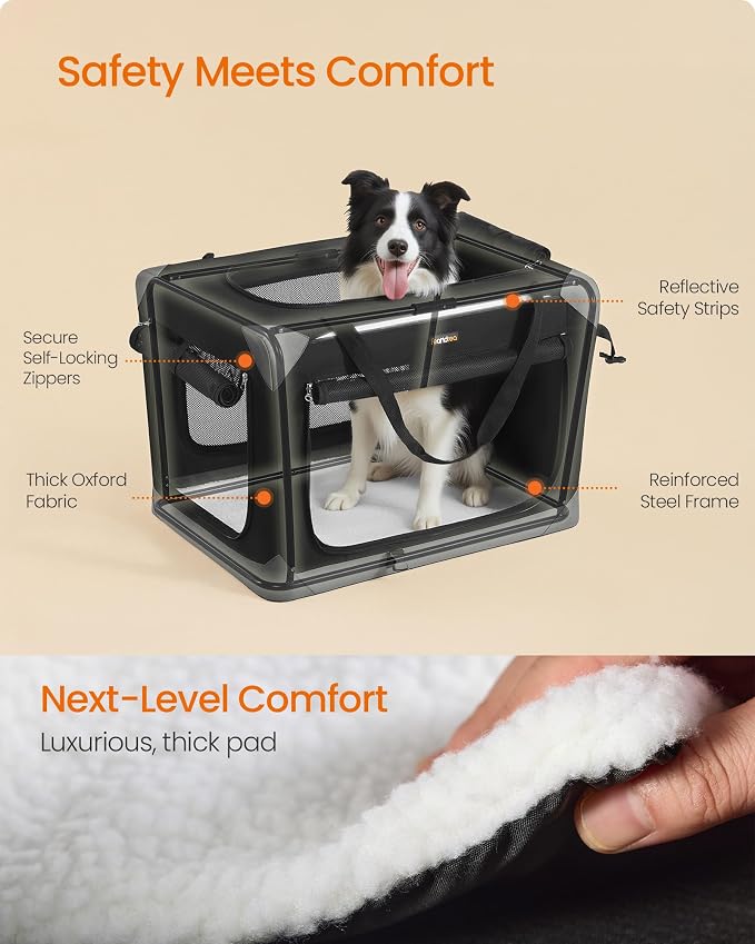 Feandrea Collapsible Dog Crate, Portable Oxford Fabric Pet Travel Crate with 4 Mesh Doors, Handles, Pocket, 30 Inches, for Medium Dogs, Ink Black and Dove Gray UPDC027BH01 - Image 5