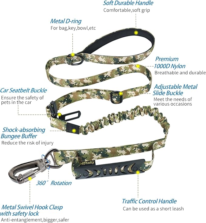 Hotsky Tactical Bungee Shock Absorbing No Pull Dog Leash,Blue Camo,4-6FT | Heavy Duty for Medium Large Dogs That Pull up to 660 lb,with Padded Double Handle ＆ Car Seatbelt,360°Rotating Locking Clasp - Image 2