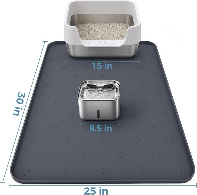 URMONA Cat Litter Mat & Dog Food Mat, 35 x 25 in Waterproof Silicone Tray | Raised Edge Tray for Pet Bowls and Litter Boxes, Helps Contain Water, Food and Litter to Protect Floors, Easy-Care Light Gray - Image 2