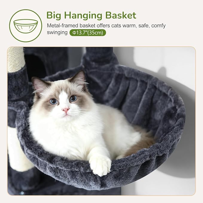 Globlazer 52in Cat Tree Tower for Indoor Cats, 2 Condos, S52, Dark Grey | Multi-Level Plush House, 5 Sisal Scratching Posts, 2 Padded Top Perches, Big Metal Basket, Stable Enlarged Base - Image 4