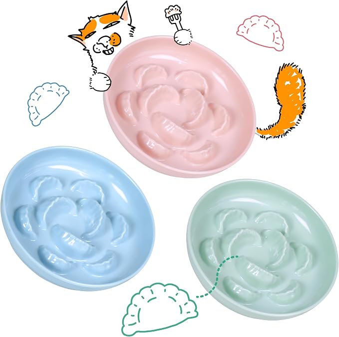 Slow Feeder Bowl for Cats and Small Dogs - Set of 3 Melamine Puzzle Cat Dish for Wet & Dry Food- Whisker Friendly & Dishwasher Safe & Non Slip Design (Pink +Blue + Green, 6.3" W × 1.2" H by FullCharm