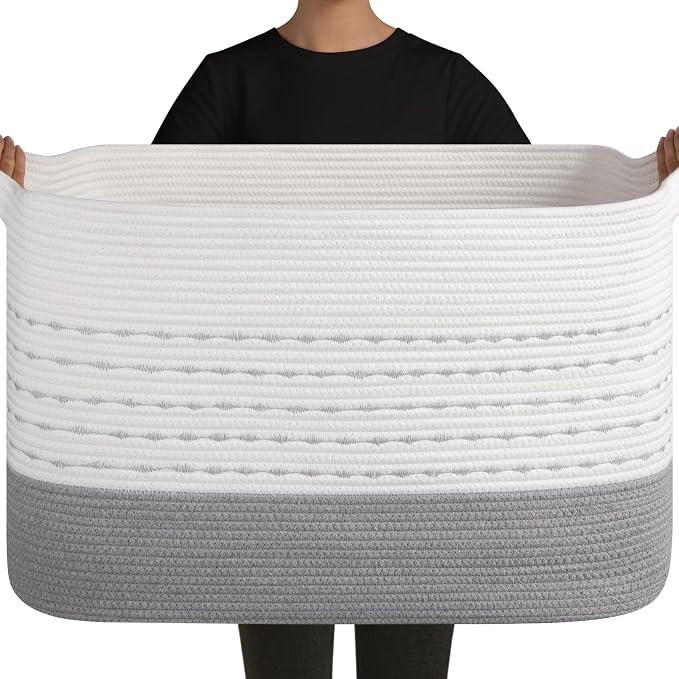 OIAHOMY 108L Extra Large Blanket Basket, 25”x16”x16” Rectangle Woven Cotton Rope Baskets for Living Room, Toy Storage with Handle- Gradient Grey by MasterofSpaceOptimization