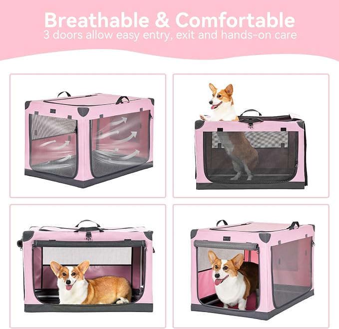 PETSFIT 30" Soft Portable Dog Crate – Patented Spiral Sturdy Frame, Collapsible Travel Kennel for Medium Dogs, 3 Mesh Door, Lockable Zippers, Indoor & Car Use Pink - Image 7