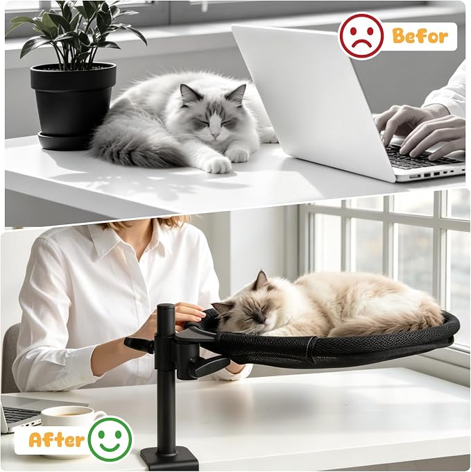 Topmart Cat Desk Bed with 360° Rotating & Adjustable Height | Cat Hammock for Desk with 2 Washable Pads, Easy to Install, Kittens Bed Attachment for Home Office,Up to 45LBS, Grey & Black - Image 2