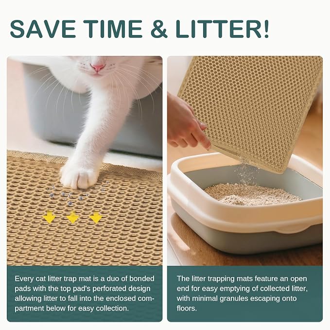 24''x 14.9''Inch Cat Litter Trapping Mat, Double Layer Waterproof Proof Litter Box mat, Non-Slip Design, Reduces Litter Scatter, Easy to Clean, Beige Cat Litter Mat - Image 4