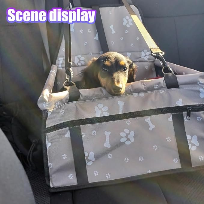 Pet Car Seat, Waterproof Oxford Dog Car Booster Seats, Grey Bone | with Seat Belt and Mesh Window, Breathable & Portable Foldable Travel Look Out Bag for Small Medium Dogs & Cats - Image 6