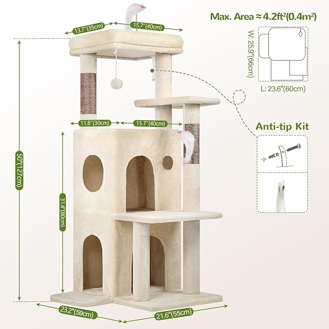 Globlazer Cat Tree Tower for Indoor Cats, 50-inch Adult Cat Tree House for Large Adult Cats with Steps, Scratching Post, 2 Cat Caves, Dangling Toys, FC50, Beige - Image 6