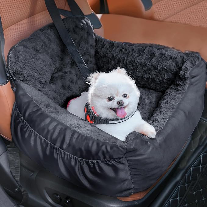 Oiilores Dog Car Seat for Small Dogs, Washable Pet Booster Seats with Clip-On Safety Leash, Comfy Deluxe Plush Carseat with Storage Pockets, Puppy Car Travel Carrier Bed for Dogs Under 25 lbs, Black by OiiloresComfyDoorMat
