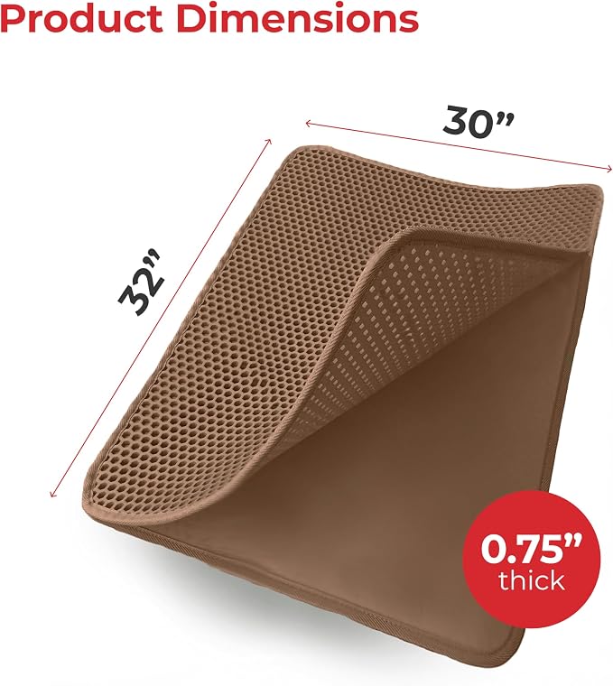 iPrimio Cat Litter Trapper Mat, Waterproof, Double Layer, 32" x 30", Brown | Double layer honeycomb traps scattered litter while the waterproof base blocks urine. Soft on paws and empties in one pour. - Image 3
