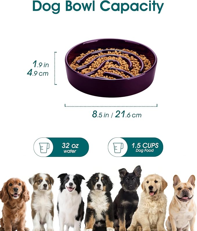 vancasso Slow Feeder Dog Bowl, 1.5 Cup Ceramic Slow Feeding Food Dish for Small and Medium Breed, Puzzle Dog Food Bowl for Fast Eater, Dark Purple - Image 2