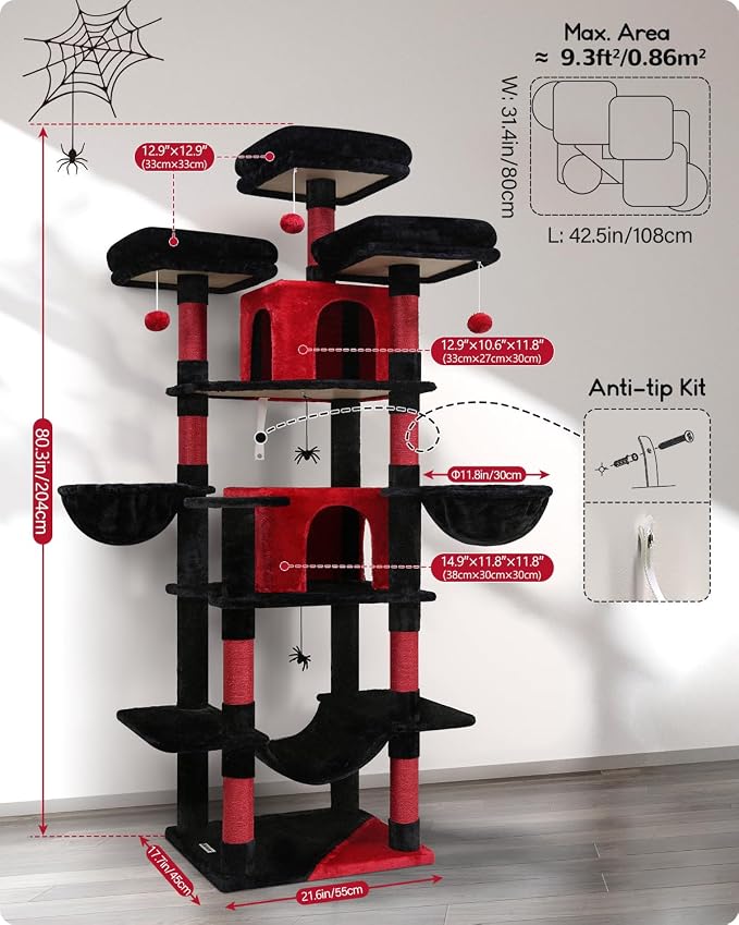 Globlazer Big XXL Gothic Cat Tower for Indoor Multiple Cats, F80 | 80 inch Cat Tower for Adult Cats Cat Tree with Scratching Post, Hammock, 3 Perches, 2 Condos, 2 Hanging Basket - Image 6