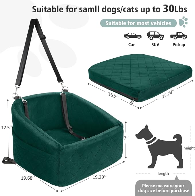 NEEZUKAR Dog Car Seat for Small Medium Dogs,Detachable Washable Dog Booster Seat Under 30lbs, Pet Car Seats Travel Bed with Storage Pockets and Safety Belt(Green) - Image 2