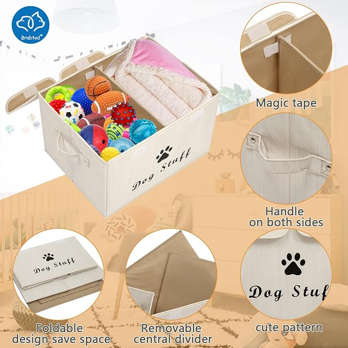 Large Dog Toys Storage Box Canvas Storage Basket Bin Organizer with Lid - Collapsible Linen Bin Ideal for Organizing Dog Cat Toys and pet Stuff-PP Boad-17" x 12" x 10" - Slub Beige - Image 2