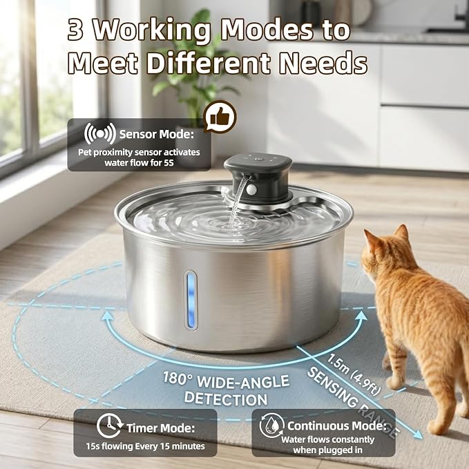 Jzlapro Wireless Cat Water Fountain,108oz Stainless Steel,Battery Operated | 3 Pack Filters | Cordless & Rechargeable | Motion Sensor | BPA-Free | DishwasherSafe | 20dB Ultra-Quiet | 3.2L capacity - Image 3