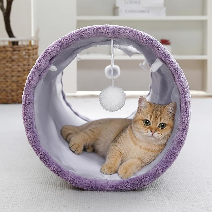 Straight Bubble Cat Tunnel for Indoor Cats 47"x12", Dusty Purple | Cute Cat Toys, Collapsible Tunnel Tube with Hanging Balls for Puppy Kitten Rabbit - Image 7