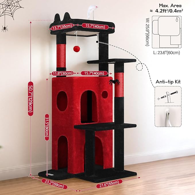 Globlazer Gothic Cat Tree Tower for Indoor Cats, 50-inch Goth Adult Cat Tree House for Large Adult Cats with Steps, Scratching Post, 2 Cat Caves, Dangling Toys, FC50, Blood-Goth - Image 6