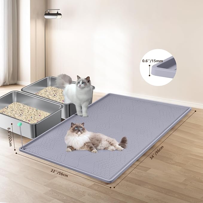 Silicone Cat Litter Box Mat 34'' x 22'' Cat Mat with Toy, Grey | Extra Large Litter Mat with lip, Non-Slip Waterproof Cat Litter Mat Litter Trapping Mat for Floor, Easy to Clean - Image 2