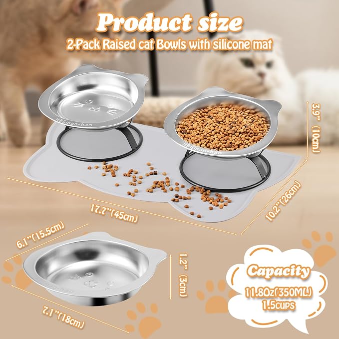 Elevated Cat Bowls with Non-Slip Mat - 7.1" Wide Whisker Friendly Dishes, Neck Stress-Free, Raised Stainless Steel Bowls for Flat-Faced/Senior Cats & Small Dogs, Indoor/Travel Use, 2-Pack - Image 7