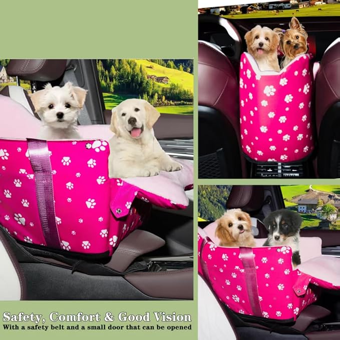 Center Console Dog Car Seat for Small Medium Dogs Up to 21 Lbs | Memory Foam Booster With Safety Leash, Washable Cover, Rose Red - Image 6
