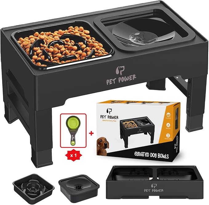 Elevated Dog Bowls with Collapsible Scoop, Slow Feeder Dog Bowls & No-Spill Water Bowl, Raised Dog Bowl Stand 4 Adjustable Heights for Small, Medium & Large Dogs by PetPower