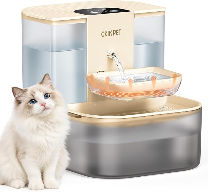 Heated Cat Water Fountain No Filters,4.5L Wireless Automatic Pet Fountain | Warms Water to 28°C/82°F,Wastewater Separation,Ceramic Bowl,4000mAh Battery,Remote Control,Pet Water Fountain for Cats & Dogs by Ckinpet