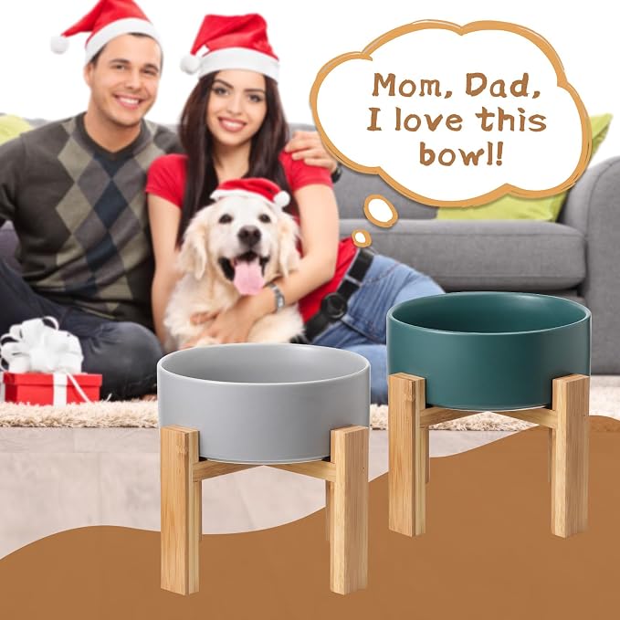 Raised Ceramic Large Dog Bowl - Heavy Weighted Dog Dish with Bamboo Stand - Elevated for Comfortable Feeding - 8.3" W x 8" H - 4.5 Cups (68 fl oz) - White - Image 8