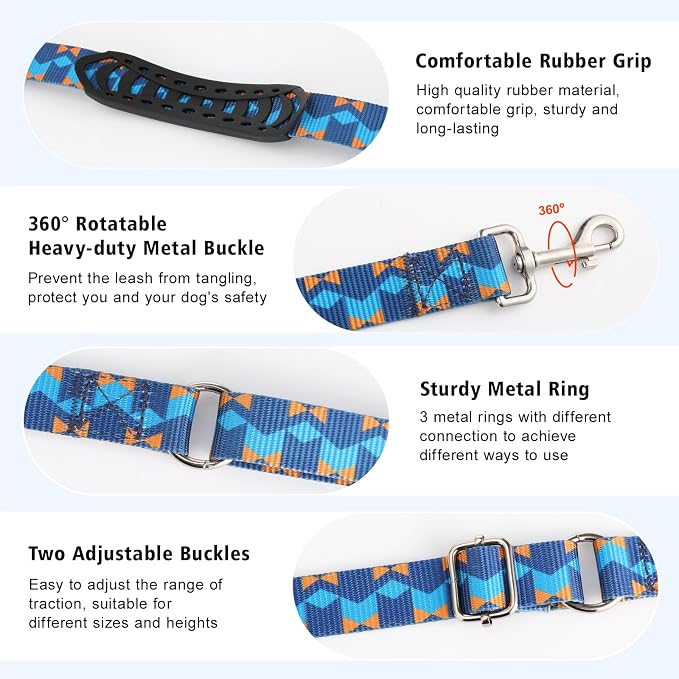 Hands Free Dog Leash, 8.5ft Adjustable Hands Free Leash for Medium Dogs, Versatile Handheld Crossbody Waist Lead with 3 Rings, for Running Jogging Walking, Sponge Handle, Geometric Blue - Image 5