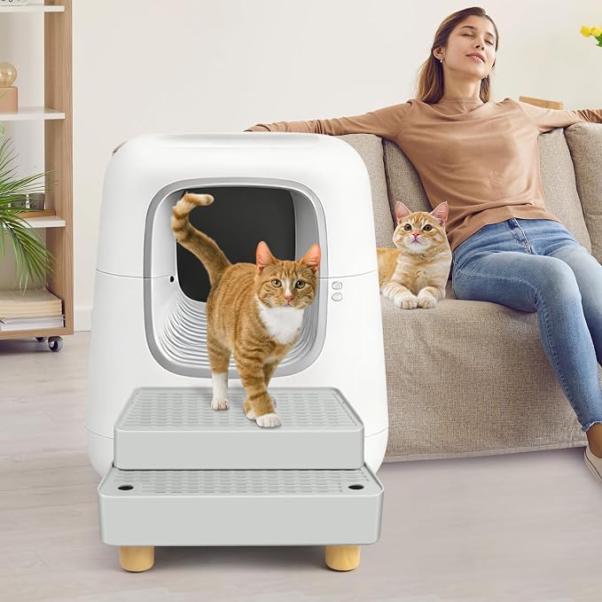 Extra Large 2 Steps Cat Litter Box Step Ramp, Cat Litter Catcher Mat with Wooden Feet, Filter Function, Cat's Pedal Stool for Self-Cleaning Litter, Suitable Kitten & Elderly Cats (Light Grey) - Image 7