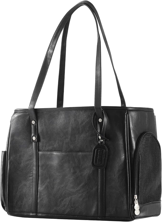 Fashion Dog Carrier Purse, Premium Leather Cat Carrier Bag, Airline Approved Soft Sided Pet Travel Tote Bag with Pockets Black by Unknown