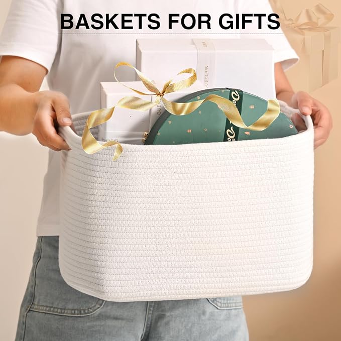 ICERZCZ Woven Cotton Rope Baskets for Gifts Empty, 15×11×9.5 Off White | Storage Baskets for Organizing, Cute Decorative Basket, Organizer Bins for Dog Toy, Baby Laundry, Gift, Nursery - Image 3
