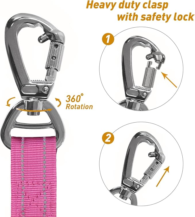 AUBELL Tactical Dog Leash Heavy Duty,4-6ft No Pull Bungee Leash,Pink | Reflective Dog Leash for Medium Large Dogs with Comfortable Padded Double Handle,Car Seat Belt,360 Degree Rotating Carabiner - Image 8