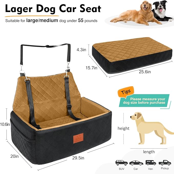 NEEZUKAR Dog Car Seat for Large Medium Size Dogs, Pet Car Seat Under 55 lbs | Thick Cushion, Detachable Washable Dog Booster Seat for 2 Small Dogs, Travel Dog Car Bed with Storage Pockets, 2 Safety Belts - Image 2