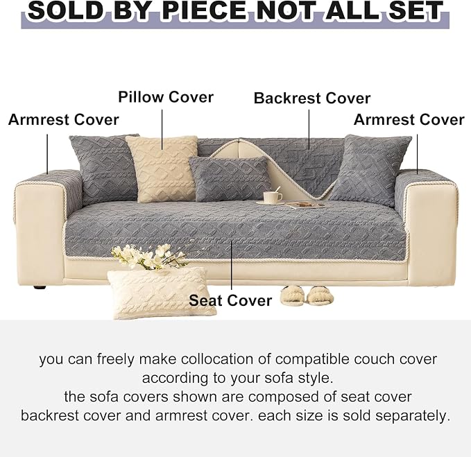 vctops Geometric Jacquard Plush Sofa Couch Covers Farmhouse Neutral Non Slip Sectional Couch Cover Soft Warm Sofa Slipcover for Dogs, Children, Pets Furniture Protector (Greyish Blue,43"x43") - Image 2
