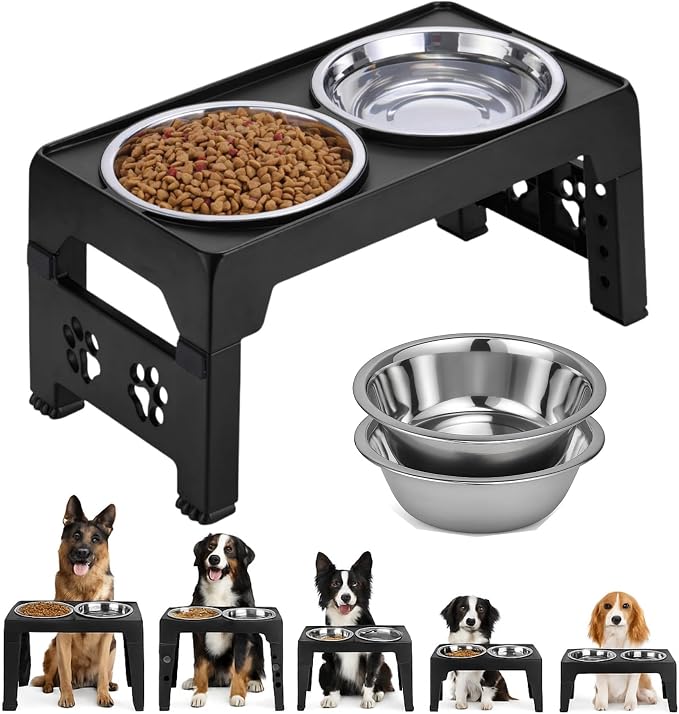 LALOBLUE Elevated Dog Bowls, Raised Bowl with 2 Stainless Steel Food Bowls, Dog Bowls Stand Adjusts to 5 Heights 2.95", 8.46", 9.65", 10.82", 12.01" for Small Medium Large Cats Pets,Black by Laloblue