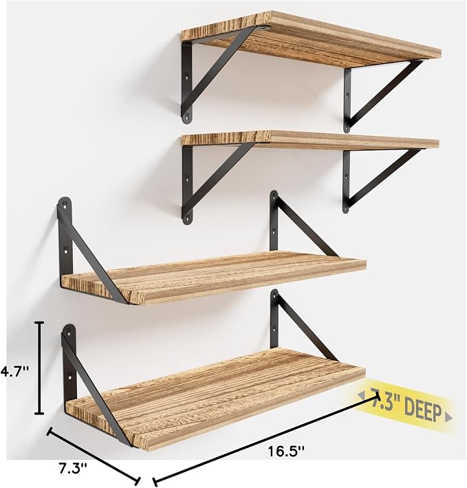 Wall Shelves 7.3" Deep Solid Paulownia Wood (Light Brown, Set of 4) | 15mm Thick, Wider & Longer & Stronger, Easy to Install, Floating Bookshelves, For Bathroom Bedroom, Office Storage Organizer - Image 3