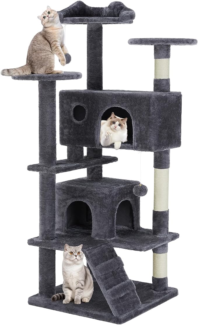 Sweetcrispy 54 Inch Cat Tree Tower with Scratching Post, Indoor Use | Multi-Level Cat Tower with Condo with Climbing Ladder, Plush Toy, Play House for Kittens, Dark Grey by Sweetcrispy